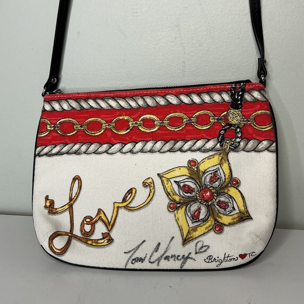 Brighton Love Glitter & Go Pouch Jewelry Art Canvas‎ Zip Crossbody Bag Signed